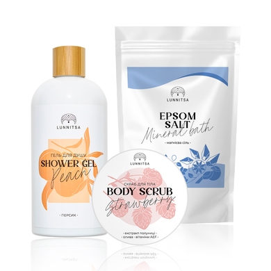 Shower 4 для душу та ванни (Гель для душу Peach, Скраб для тіла Strawberry, Epsom сіль)